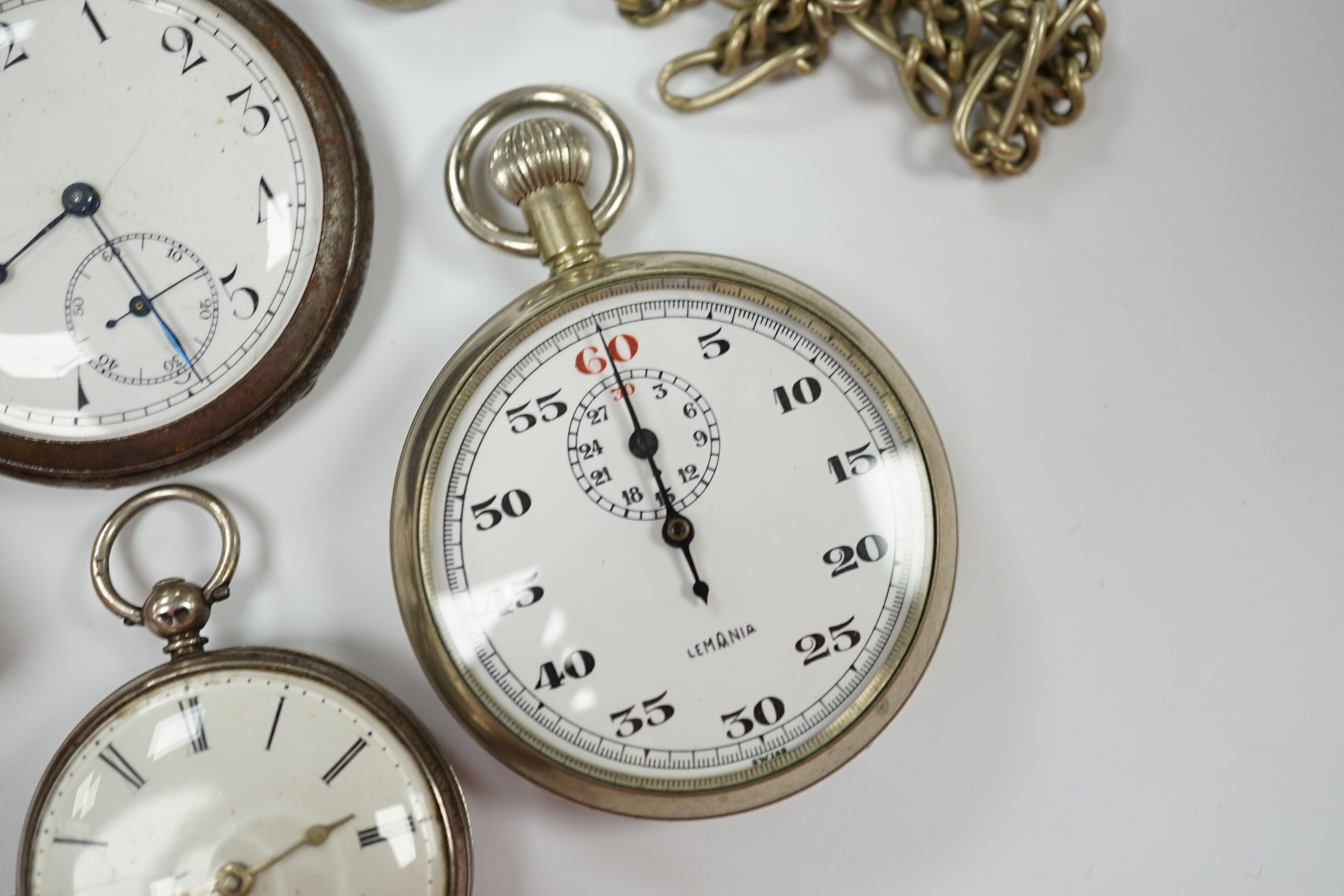 A Victorian silver open faced pocket watch, a silver fob watch, one other base metal pocket watch and a metal cased Lemania GPO stop watch, together with a base metal albert with spinning fob.